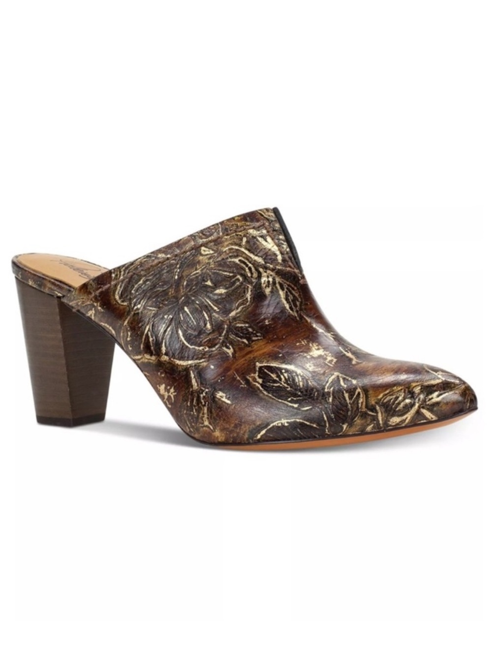 Patricia Nash Ruffina Leather Mules Brown Gold Block‎ Heel Slip On Floral Sz 8